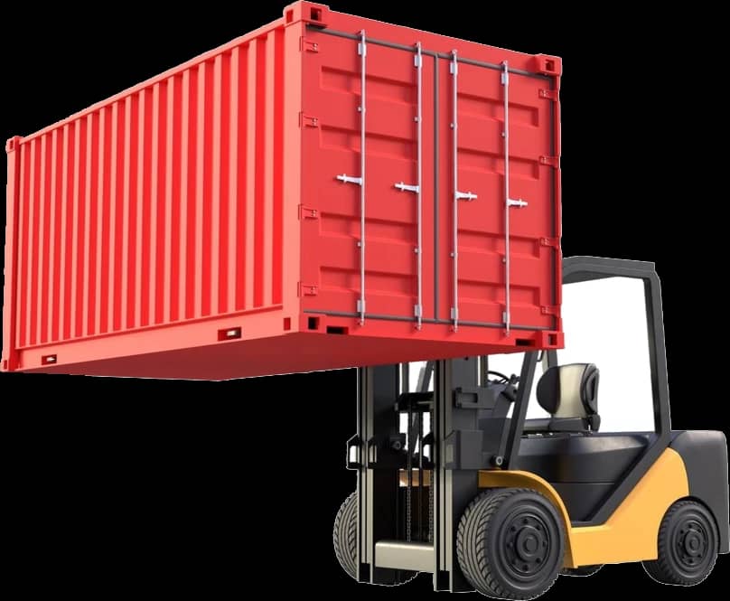 Forklift lifting a shipping container