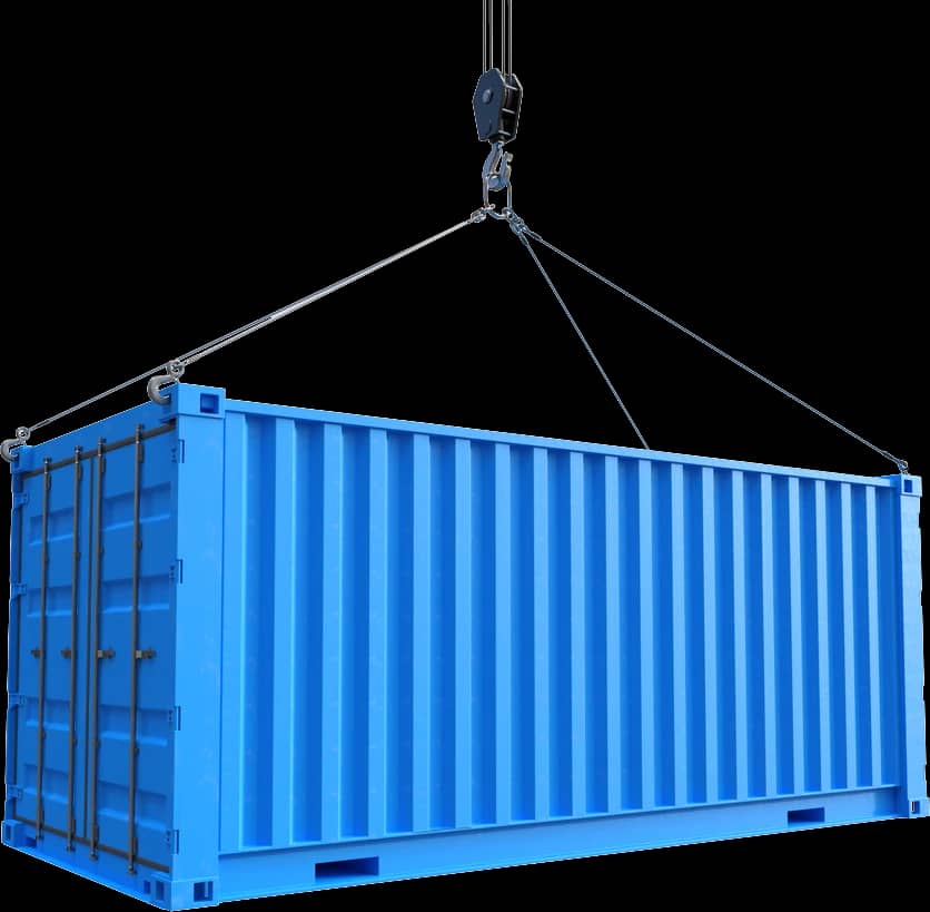 Shipping container on crane