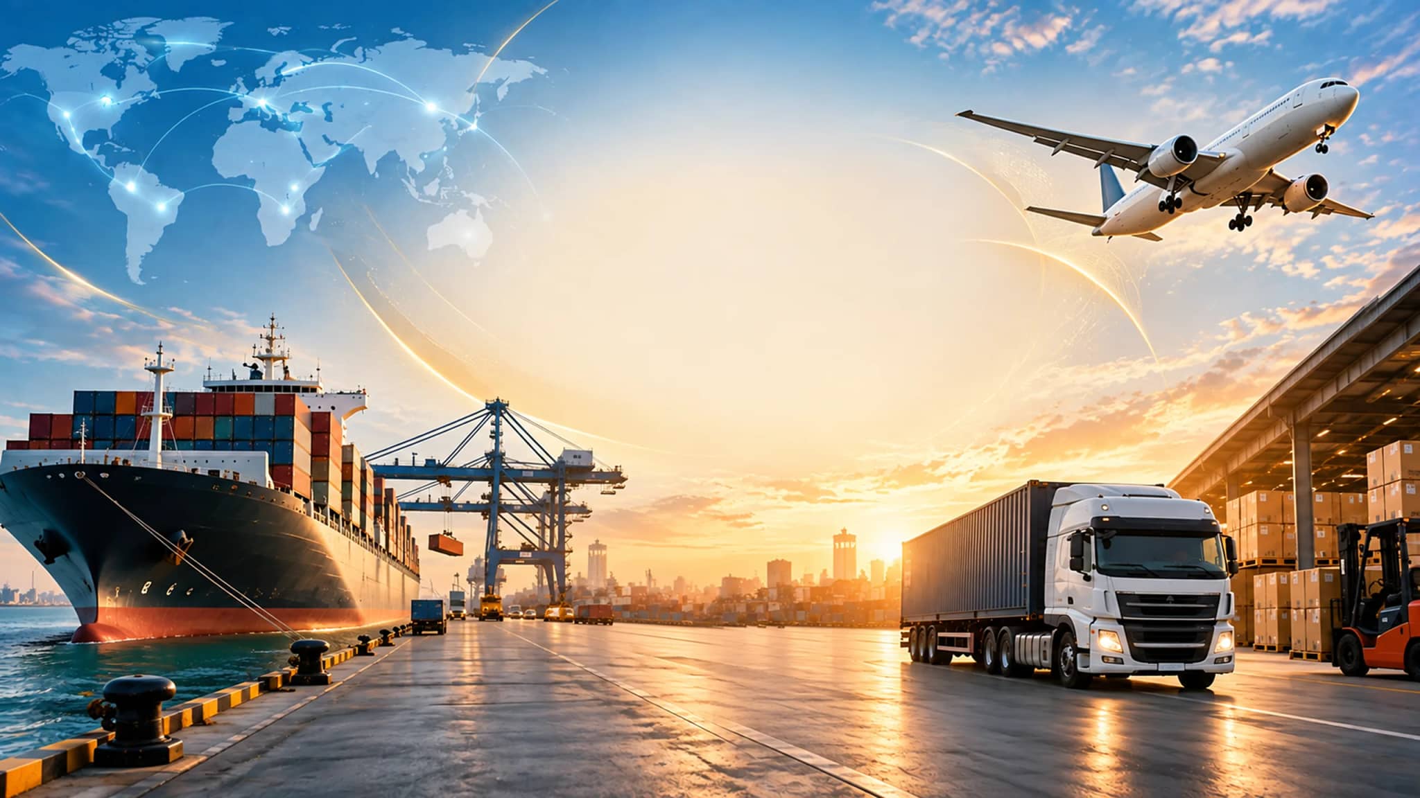 Container ship, cargo plane, truck and warehouse at a port at golden hour