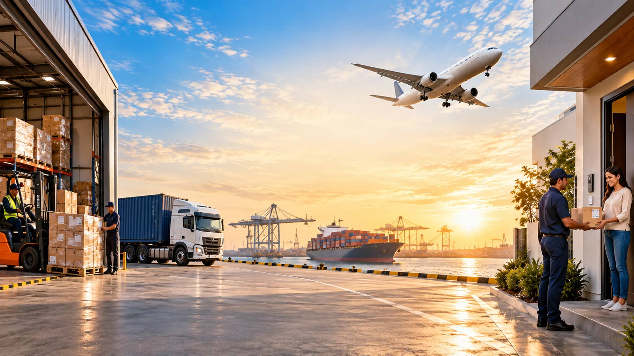 Warehouse loading, a container truck and a parcel handed over at a customer's door