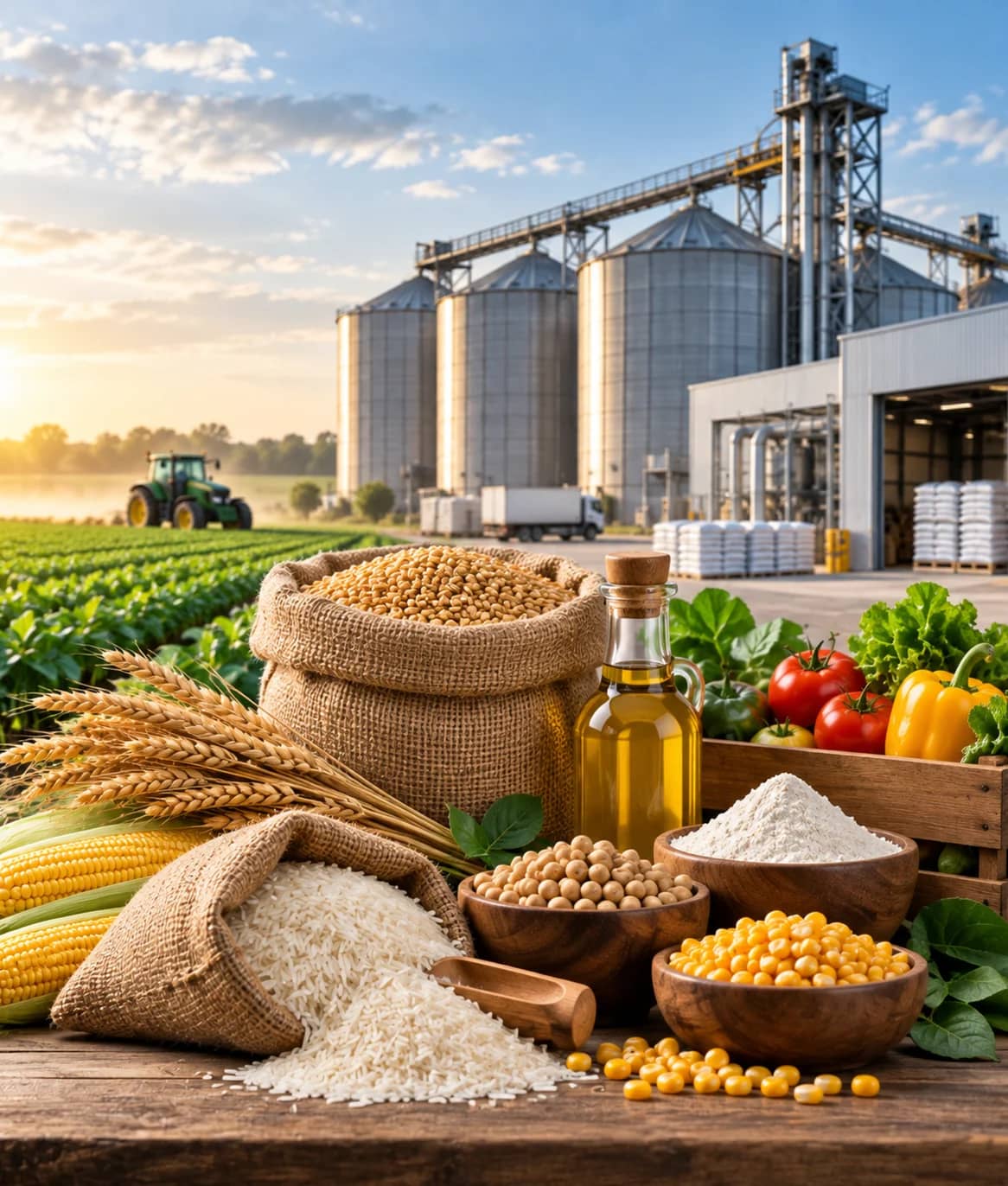 Sacks of grain, pulses and fresh produce with silos and farmland behind