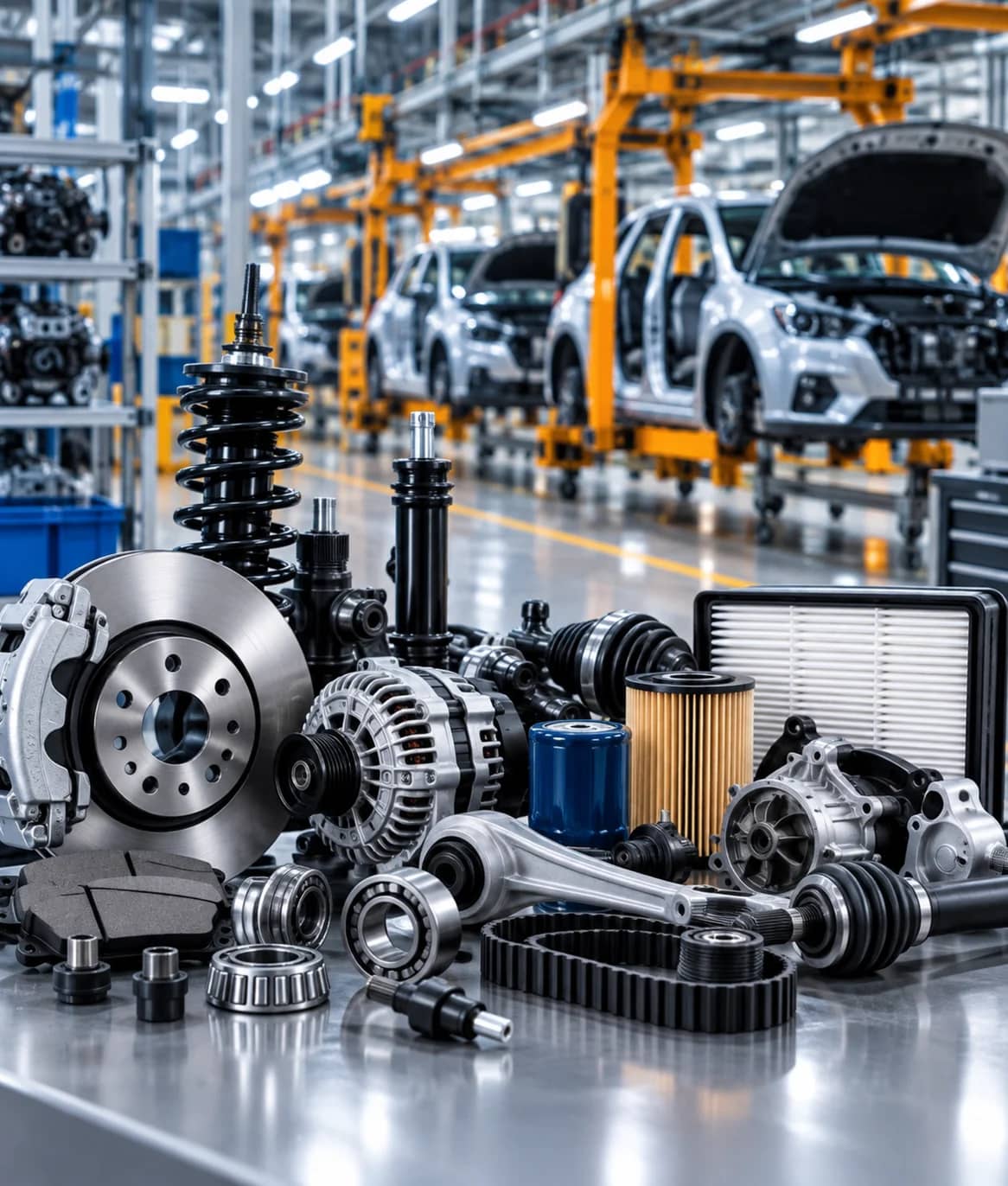 Automotive parts and components with a car assembly line behind