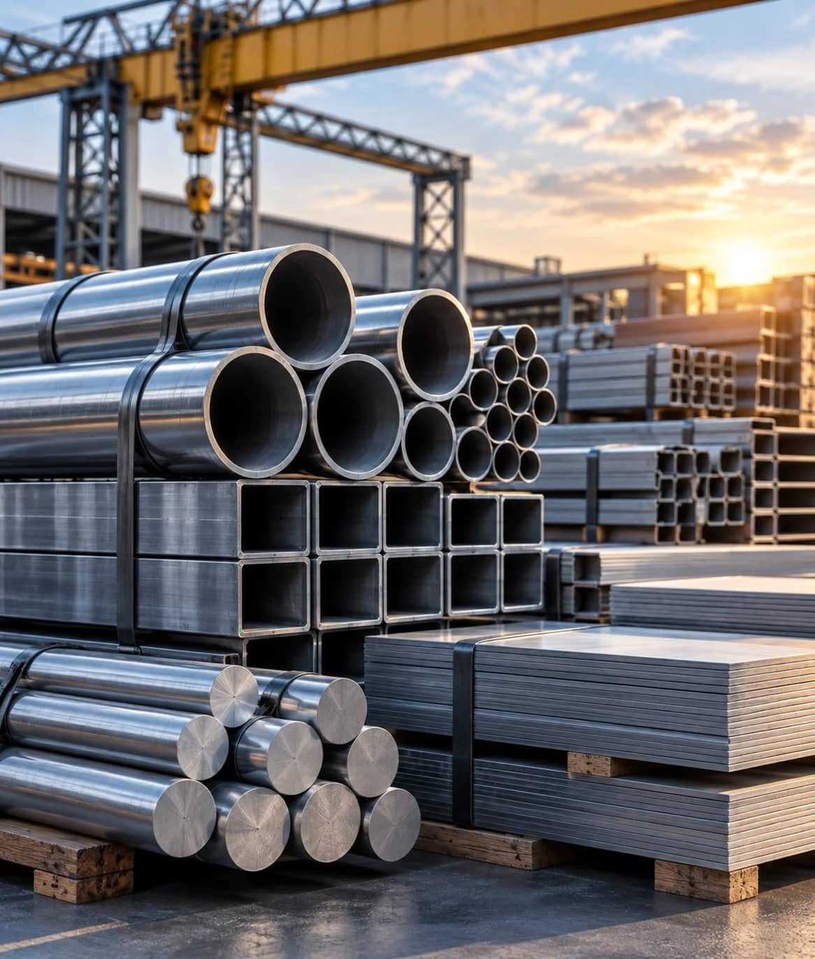 Stacked steel pipes, tubes and metal bars in a storage yard