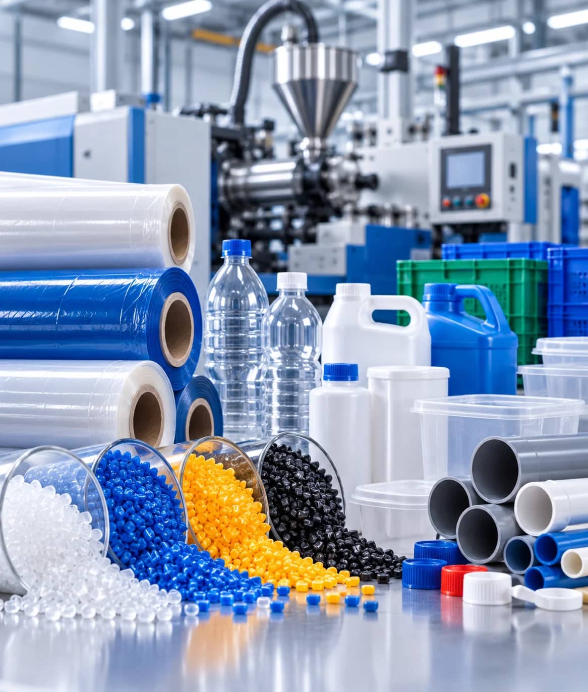 Plastic granules, bottles and film rolls in a polymer factory