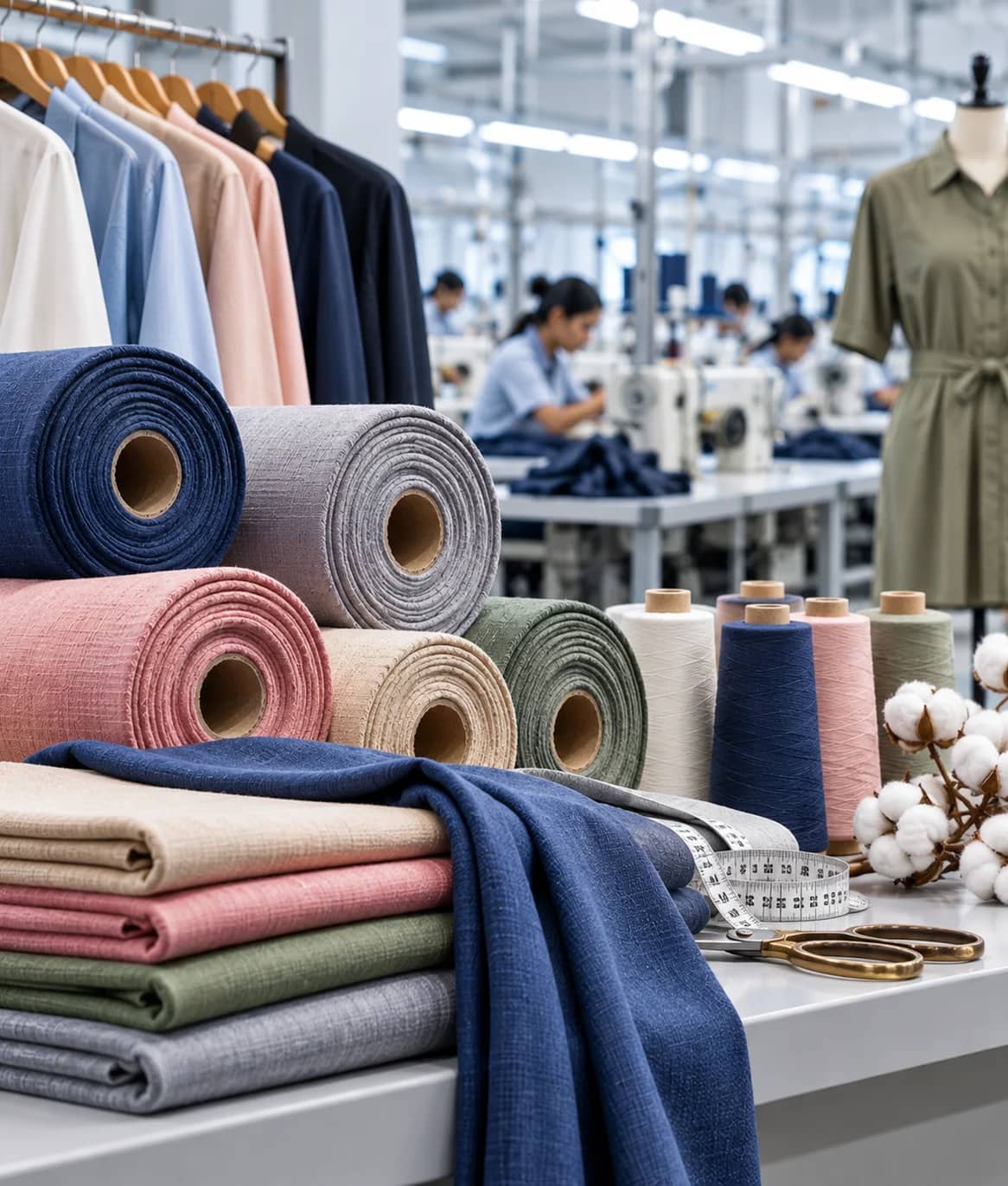 Rolls of fabric and garments in a textile factory