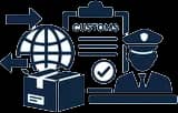 Customs officer with a checklist, globe and parcel icon